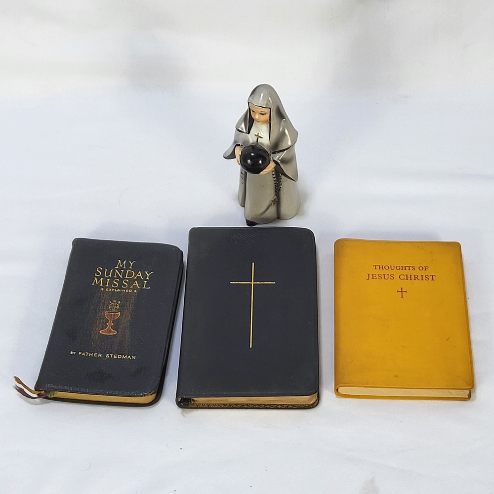 Vintage Catholic Missal Books & Nun Figurine Set Father Stedman Latin English